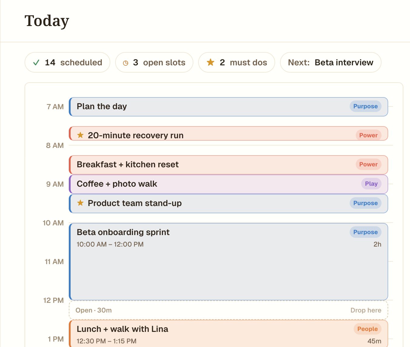 Today view with scheduled priorities, must-dos, and open time slots